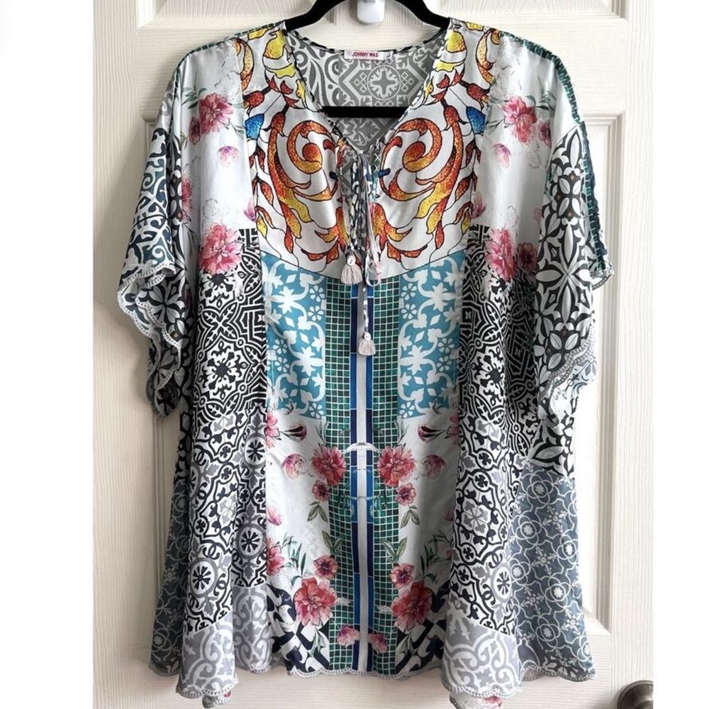 Johnny Was Multicolor Floral and Geometric Blouse
